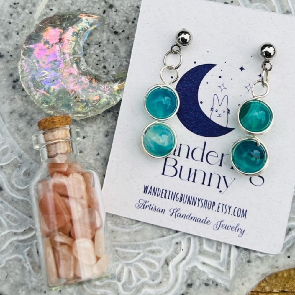 Iridescent Crescent Moon, Sunstone, Blue Agate Earrings, By Wandering Bunny LLC